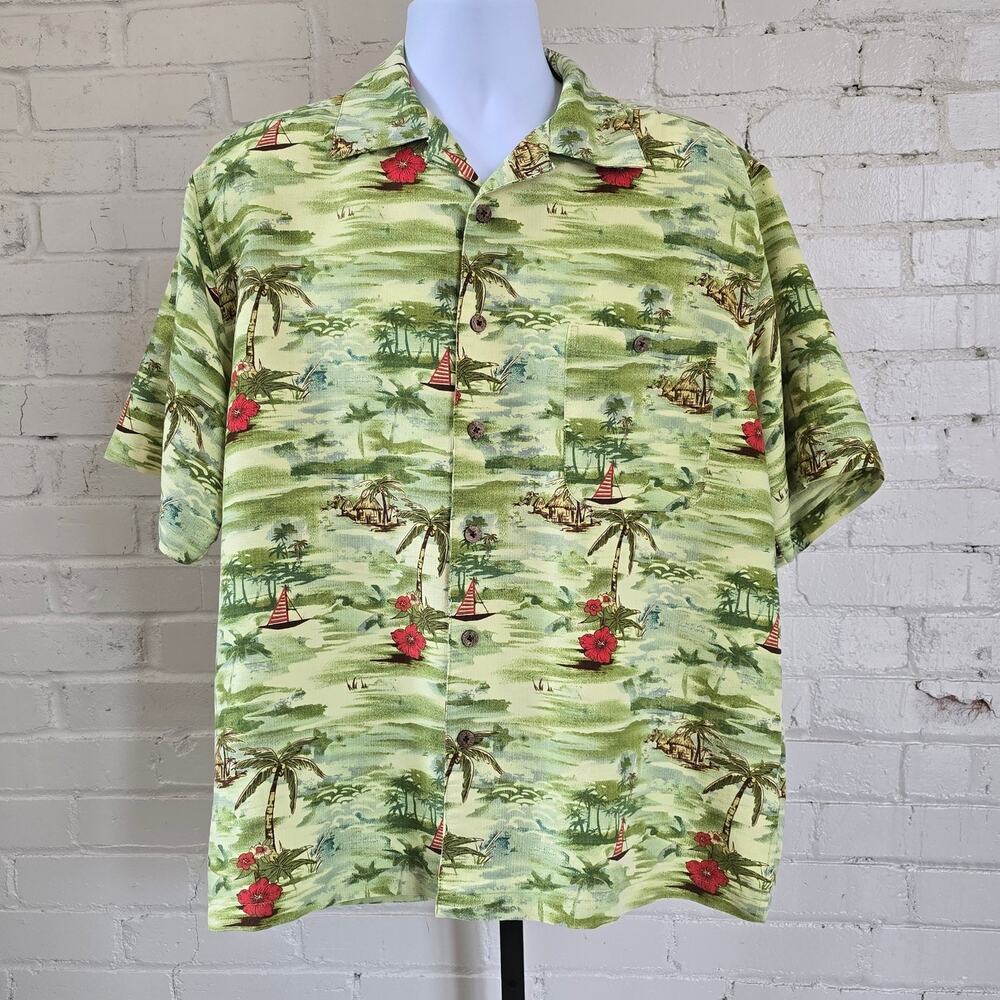 Joe Marlin Green Tropical Scenic Hawaiian Button-up Shirt┃Beach Resortwear  LRG